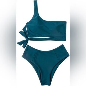 149 NWOT One Shoulder Wrap Tie Bottom High Waisted Bikini - Size: Large